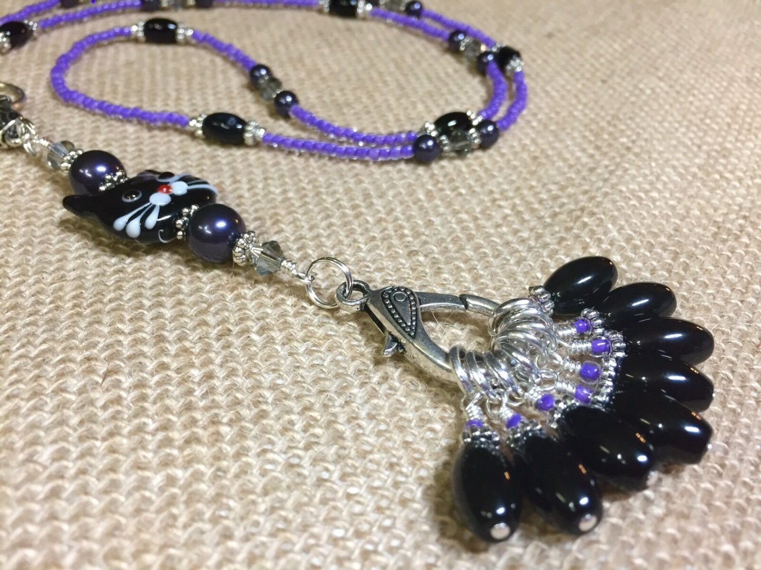 Beaded Cat Stitch Marker Necklace Lanyard Includes 8 SNAG FREE Knitting Markers