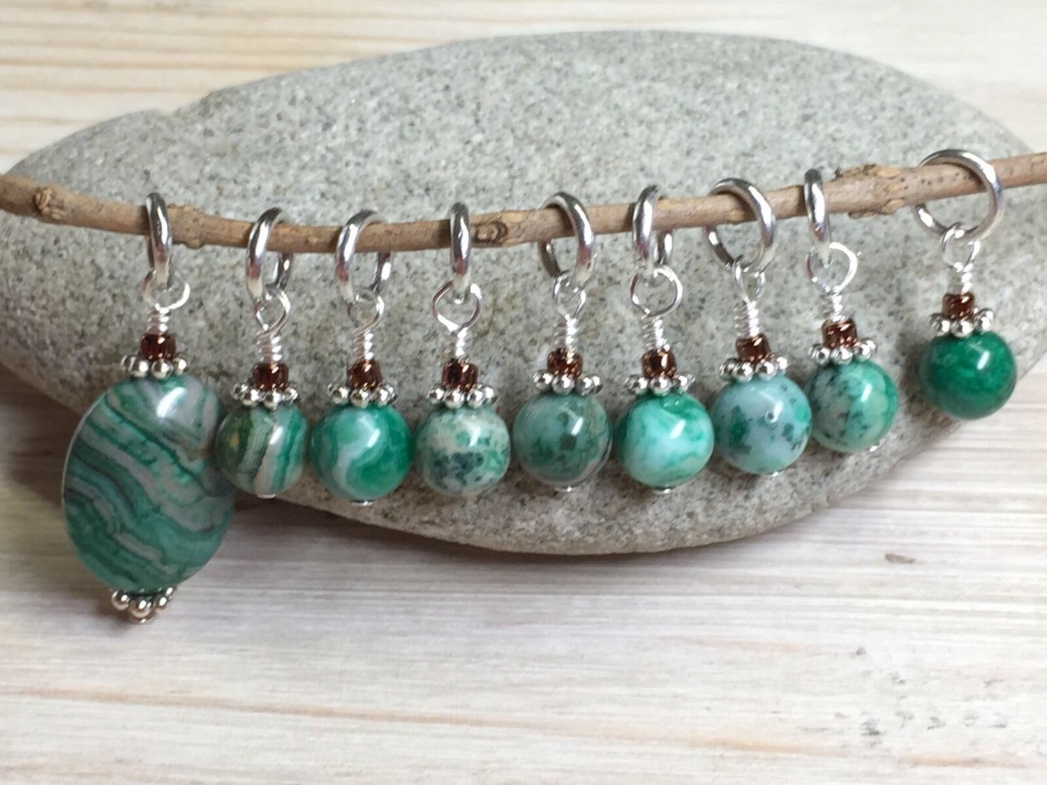 Handmade Knitting Stitch Marker Set (SNAG FREE)- Green Agate