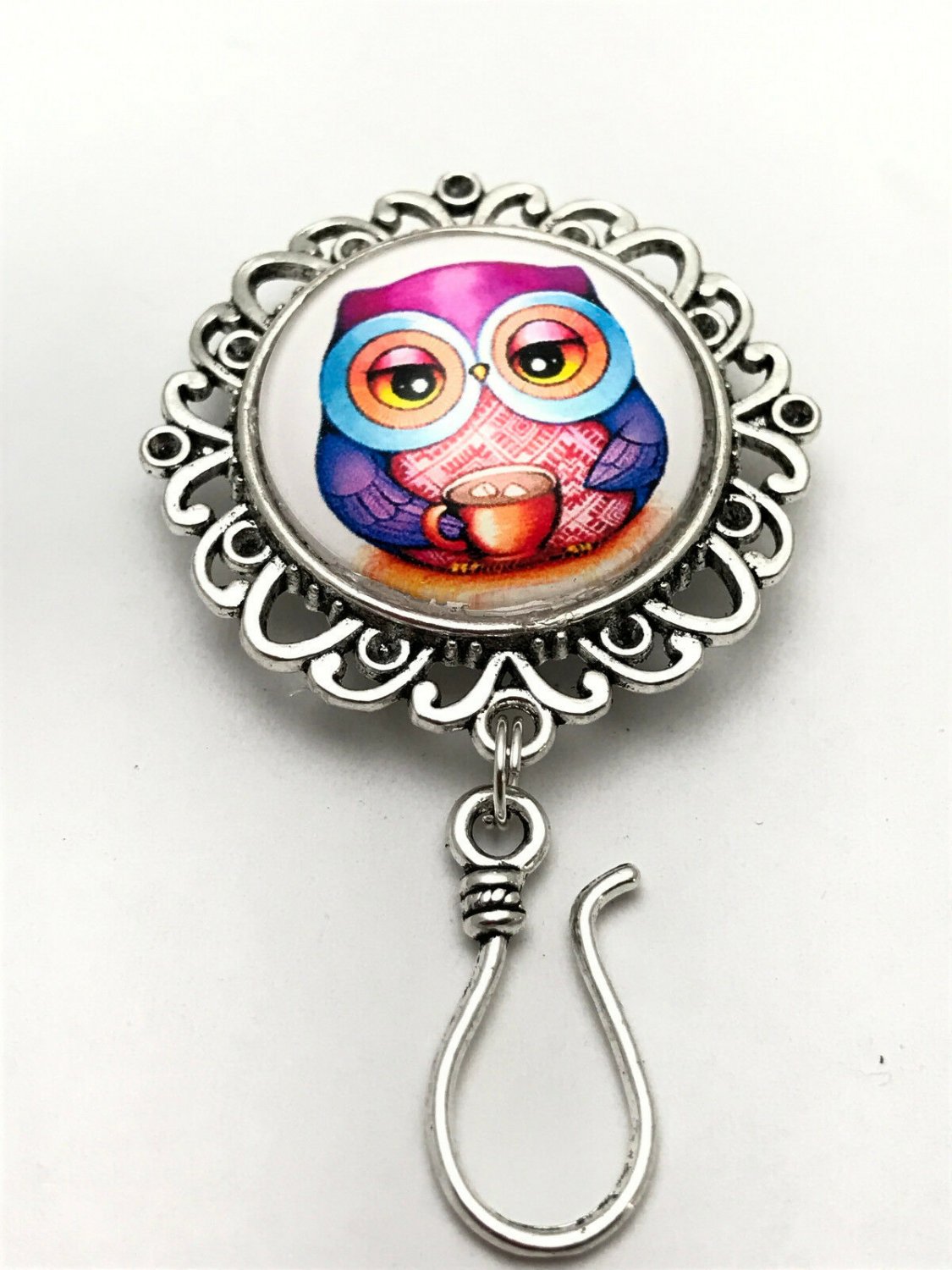 Hand Crafted Hot Cocoa Owl Portuguese Knitting Pin- MAGNETIC ID Badge Holder