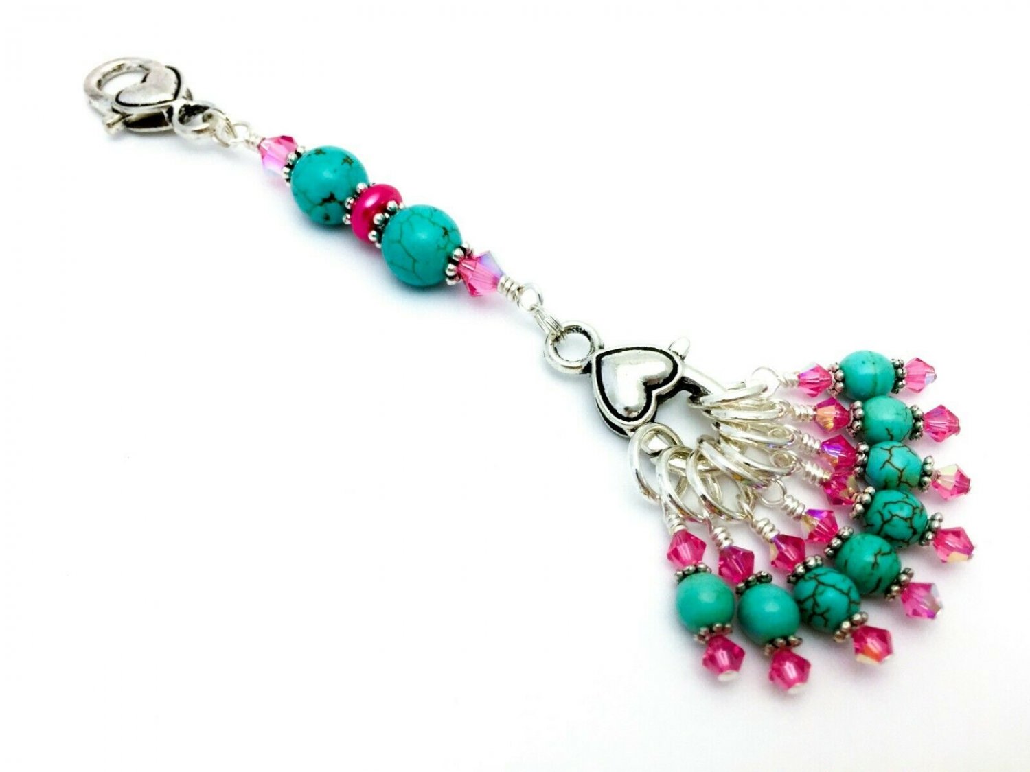 Turquoise- Pink Knitting Stitch Marker Set with Holder- Handmade
