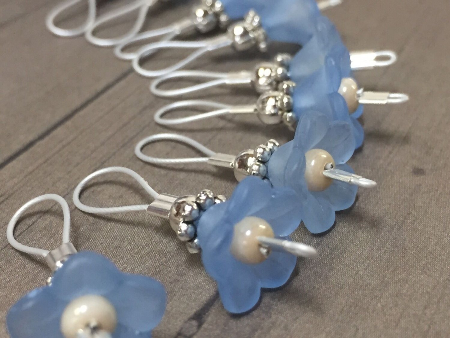 Handmade Knitting Stitch Marker Set (SNAG FREE)-Blue Flowers- Set of 10