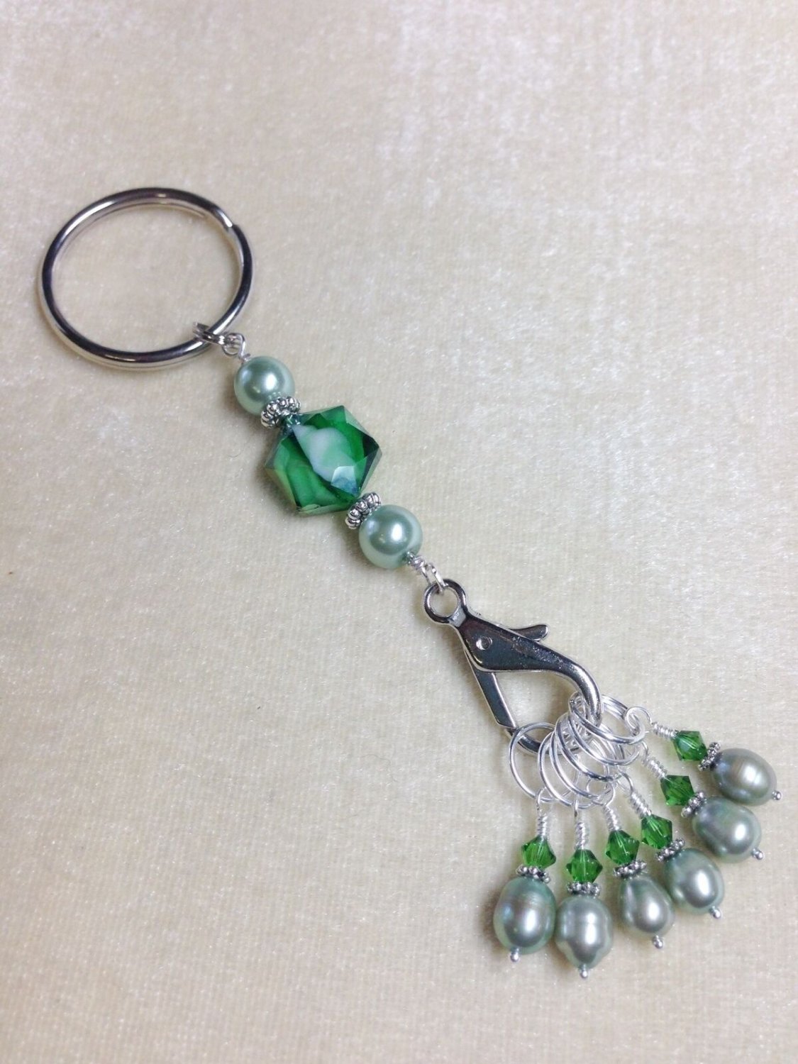 Beaded Stitch Marker Keychain- Crystal & Pearl- Knitting Markers Holder