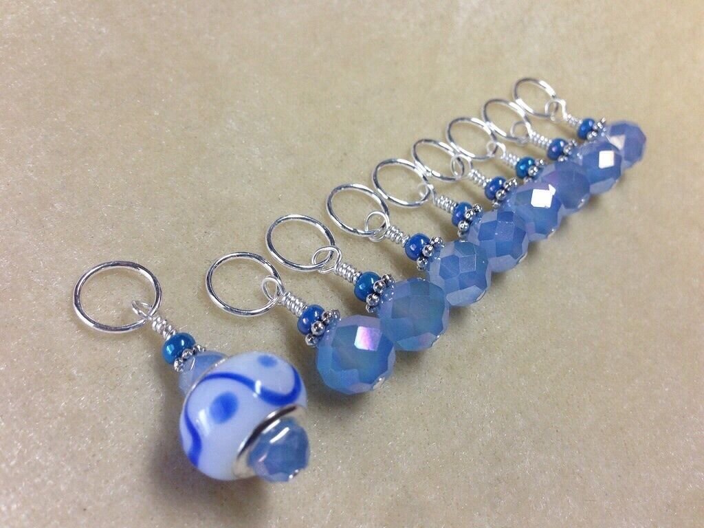Handmade Blue Knitting Stitch Markers (SNAG FREE) | Set of 9 | Fit up to US10.5