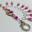 Beaded Knitting Stitch Markers with Pink Flower Lanyard Holder (SNAG FREE)