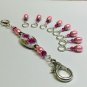 Beaded Knitting Stitch Markers with Pink Flower Lanyard Holder (SNAG FREE)