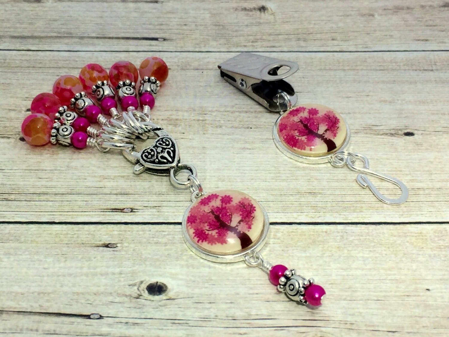Pink Tree Portuguese Knitting Pin & Stitch Markers with Holder