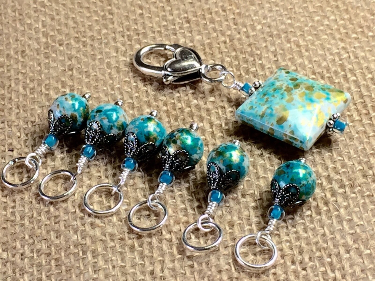 Handmade Snag Free Stitch Marker Set With Holder-aqua splash- Knitting Gift