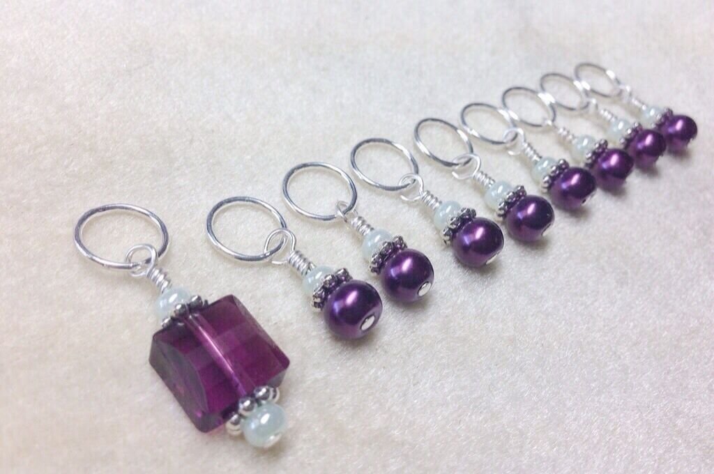 Amethyst Crystal Knitting Stitch Marker Set of 9 (SNAG FREE) with glass pearls