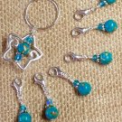 Removable Clip-On Blue Mosiac Turquoise Stitch Markers with Star Holder