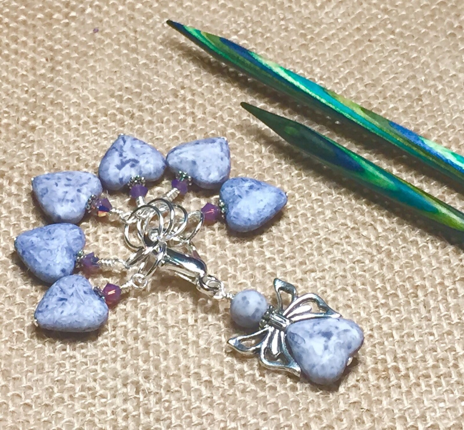 Beaded Heart Stitch Markers (SNAG FREE) with Matching Butterfly Clip Holder