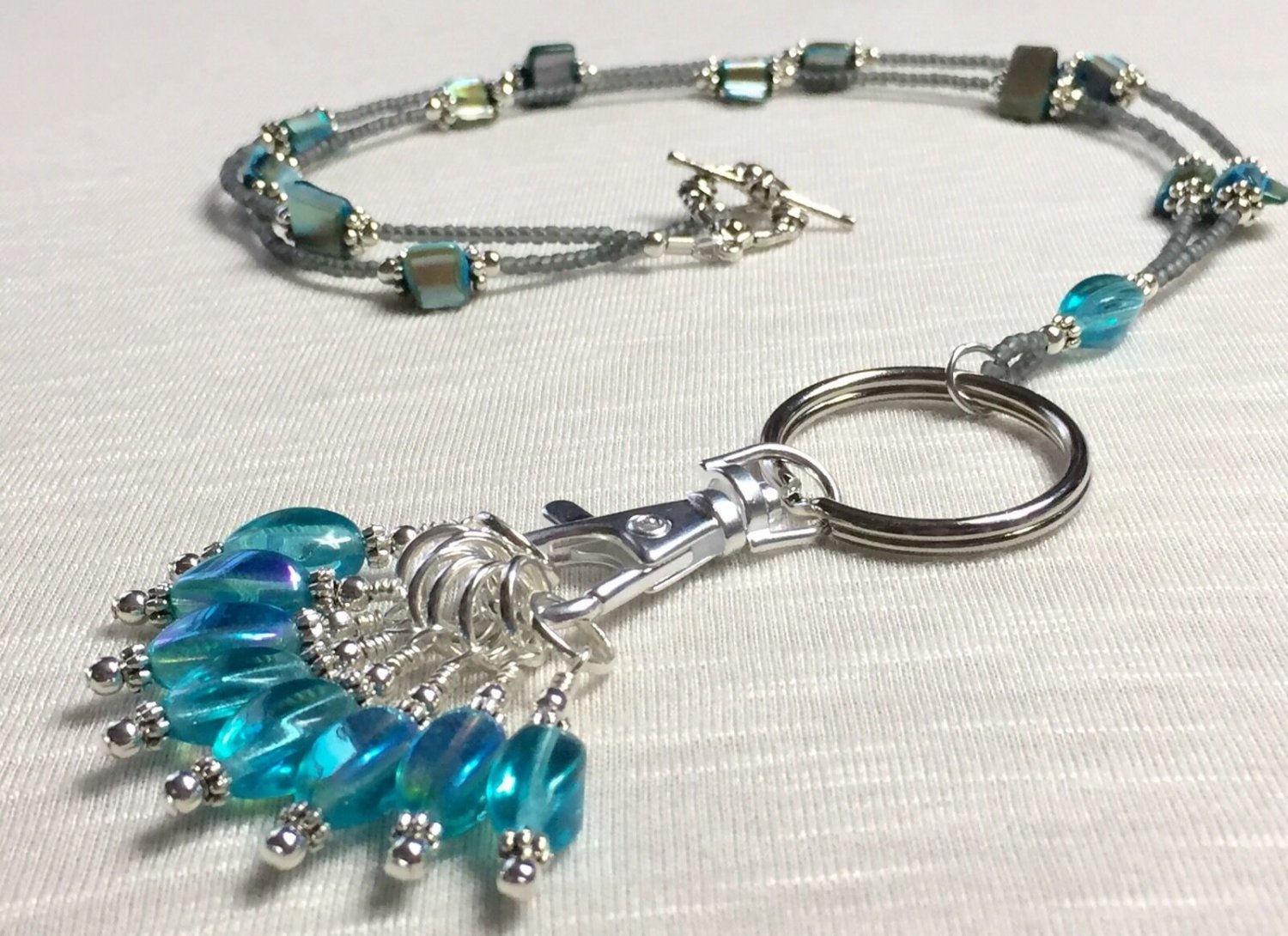 Handmade Beaded Knitting Stitch Marker Necklace Lanyard- Aqua/Teal