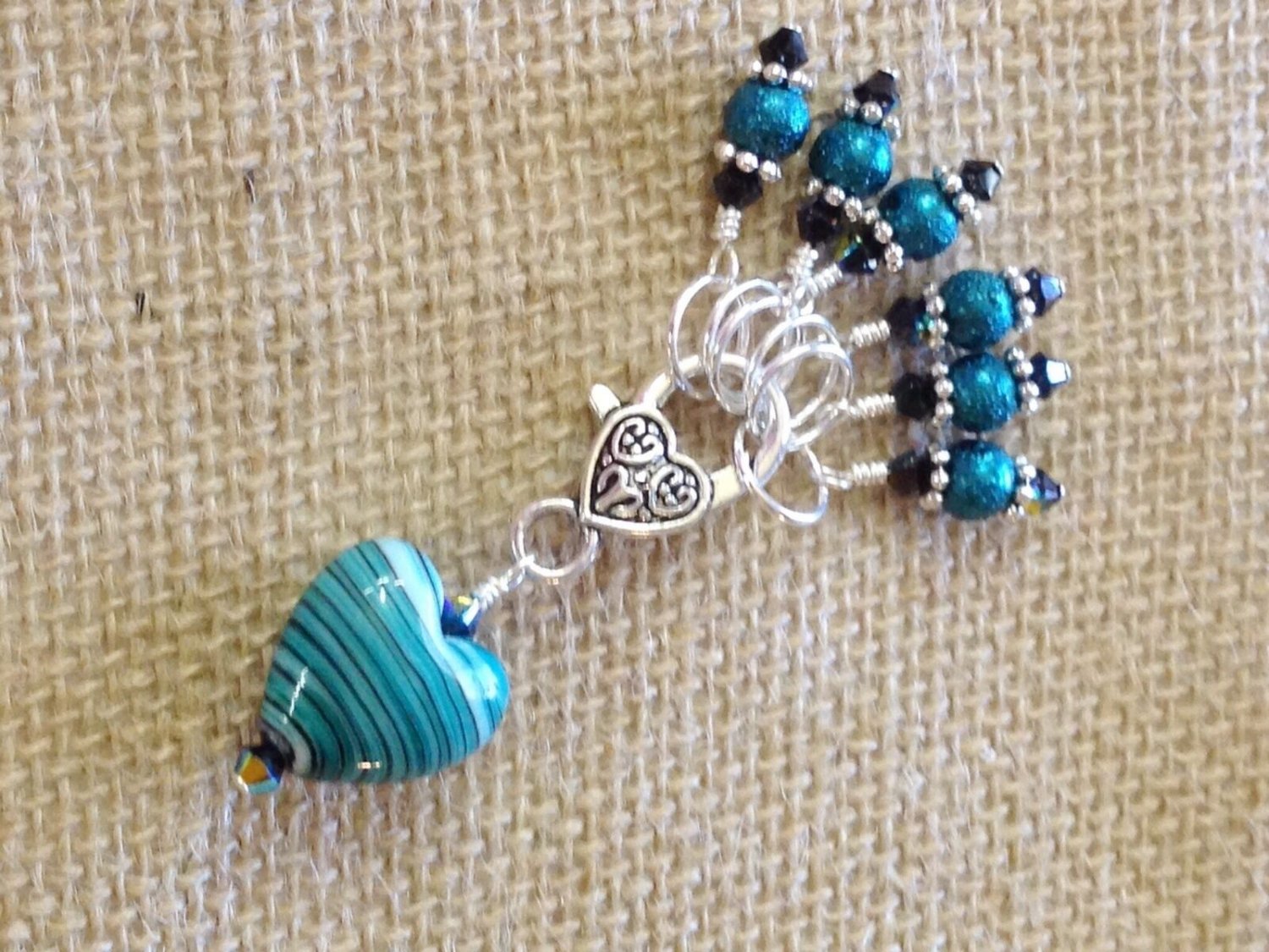 Handmade Beaded Knitting Stitch Markers (SNAG FREE) with Teal Heart Holder