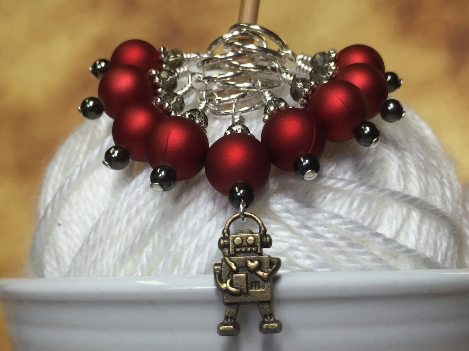 Beaded Knitting Stitch Markers (SNAG FREE)- Robot in Red