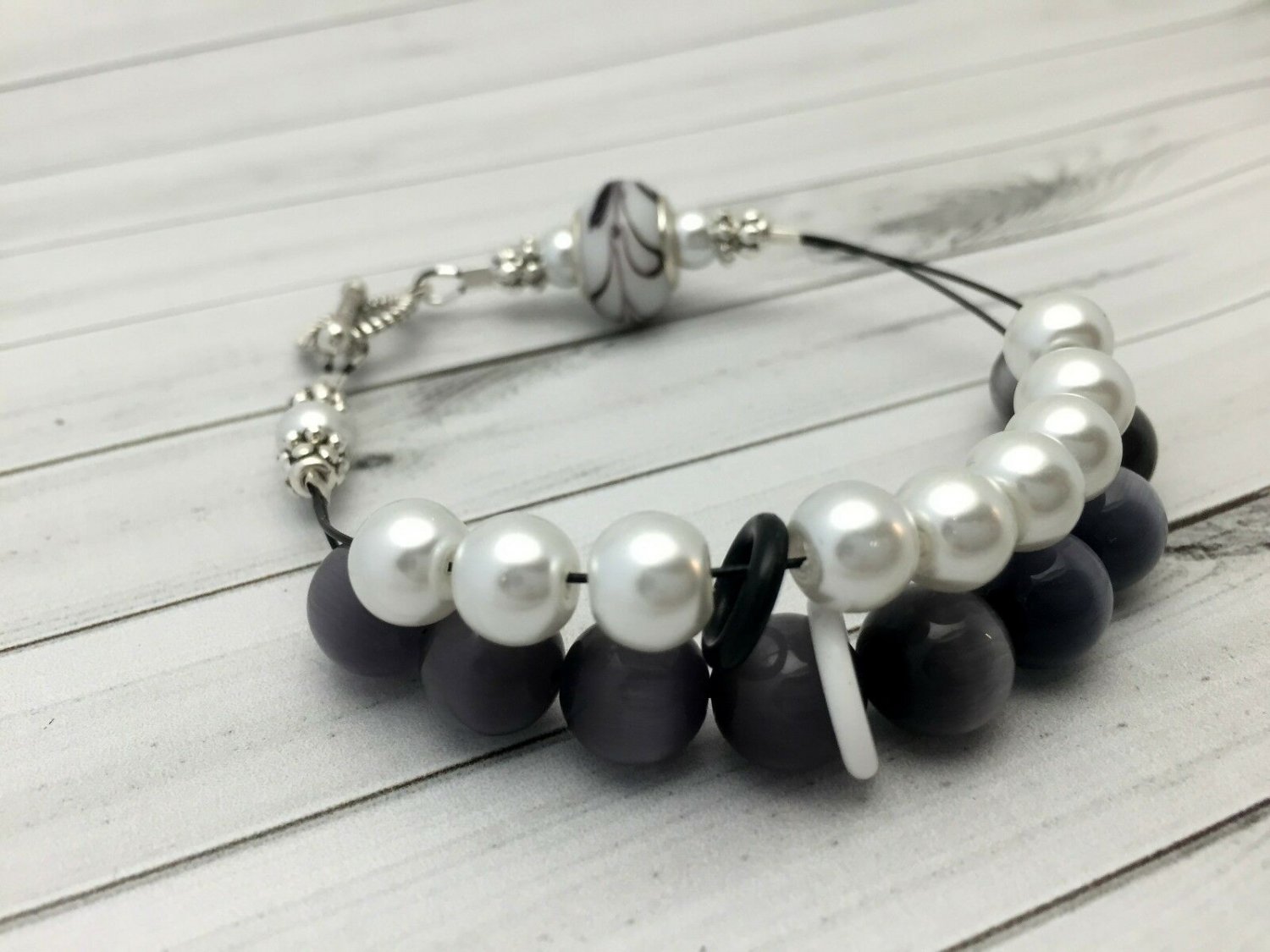 Black and White Abacus Counting Bracelet, Knitting Row Counter, Handmade