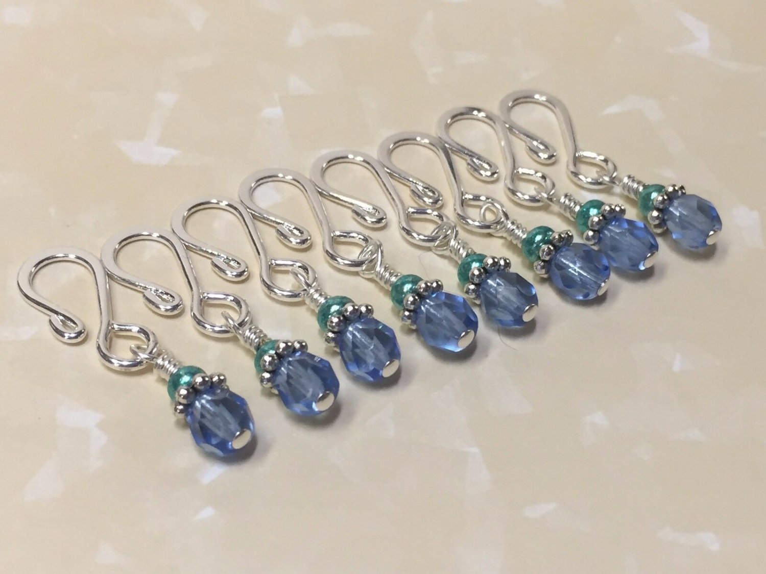 Handmade Removable Stitch Markers- Blue Crystal Shepherd's Hook