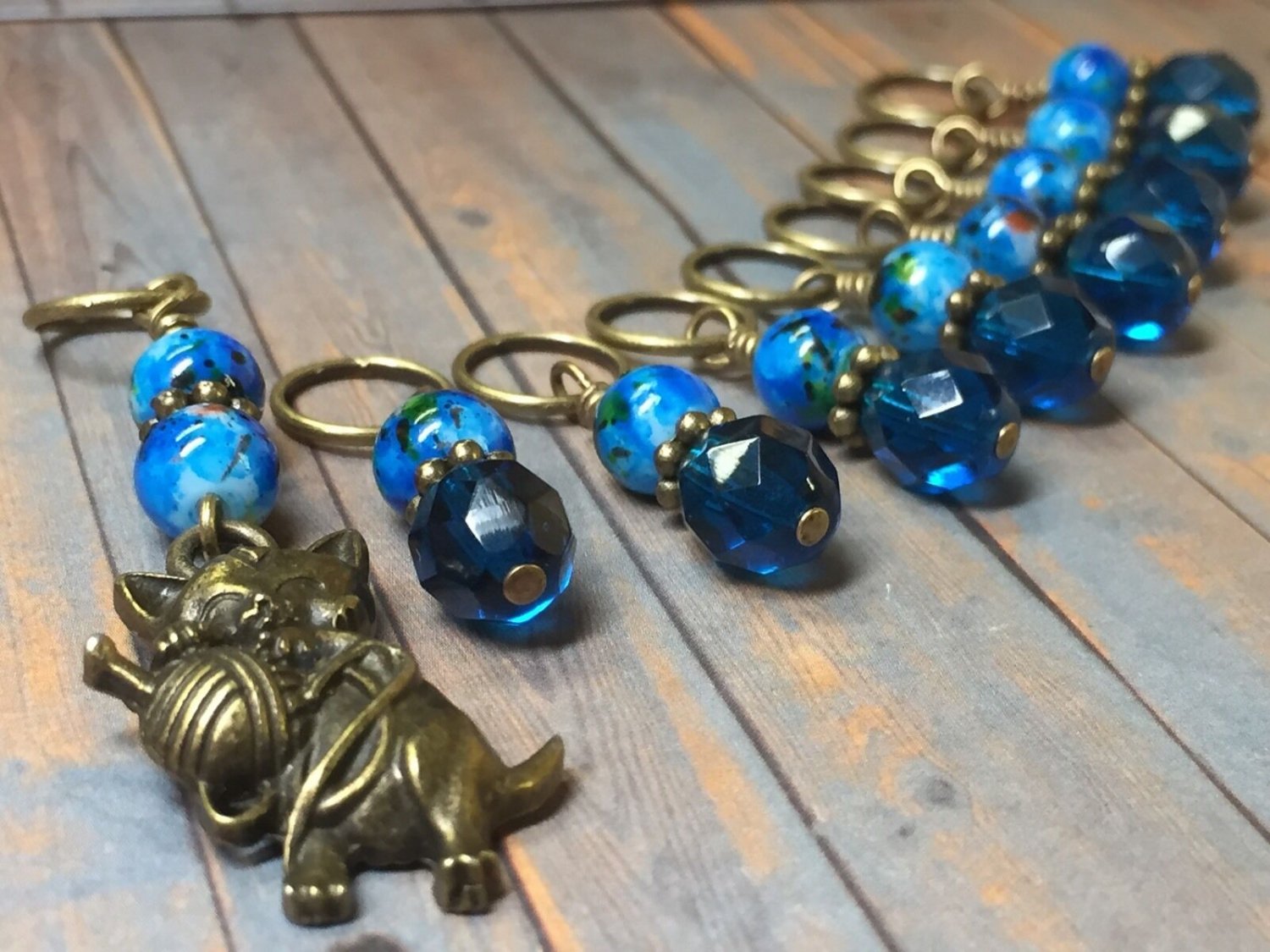 Handmade Cat Stitch Marker Set (SNAG FREE)- Set of 9 Blue Knitting Markers