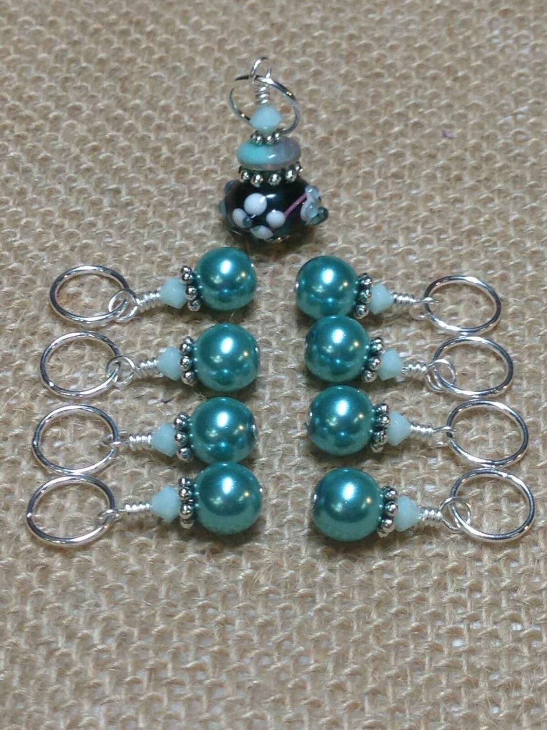 Handmade Knitting Stitch Marker Set (SNAG FREE)- Set of 9- Teal lamp worked