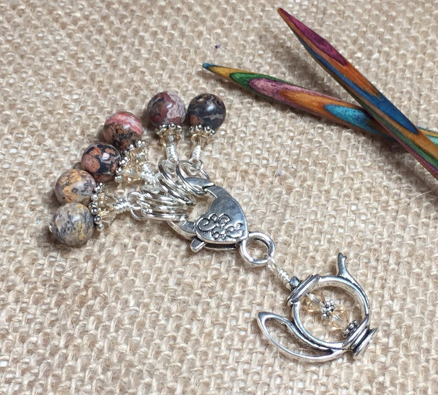 Snag Free Knitting Stitch Markers & Matching Teapot Clip Holder- earth tones
