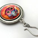Handmade Portuguese Knitting Pin- Magnetic ID Badge Holder- Rainbow Feather Owl