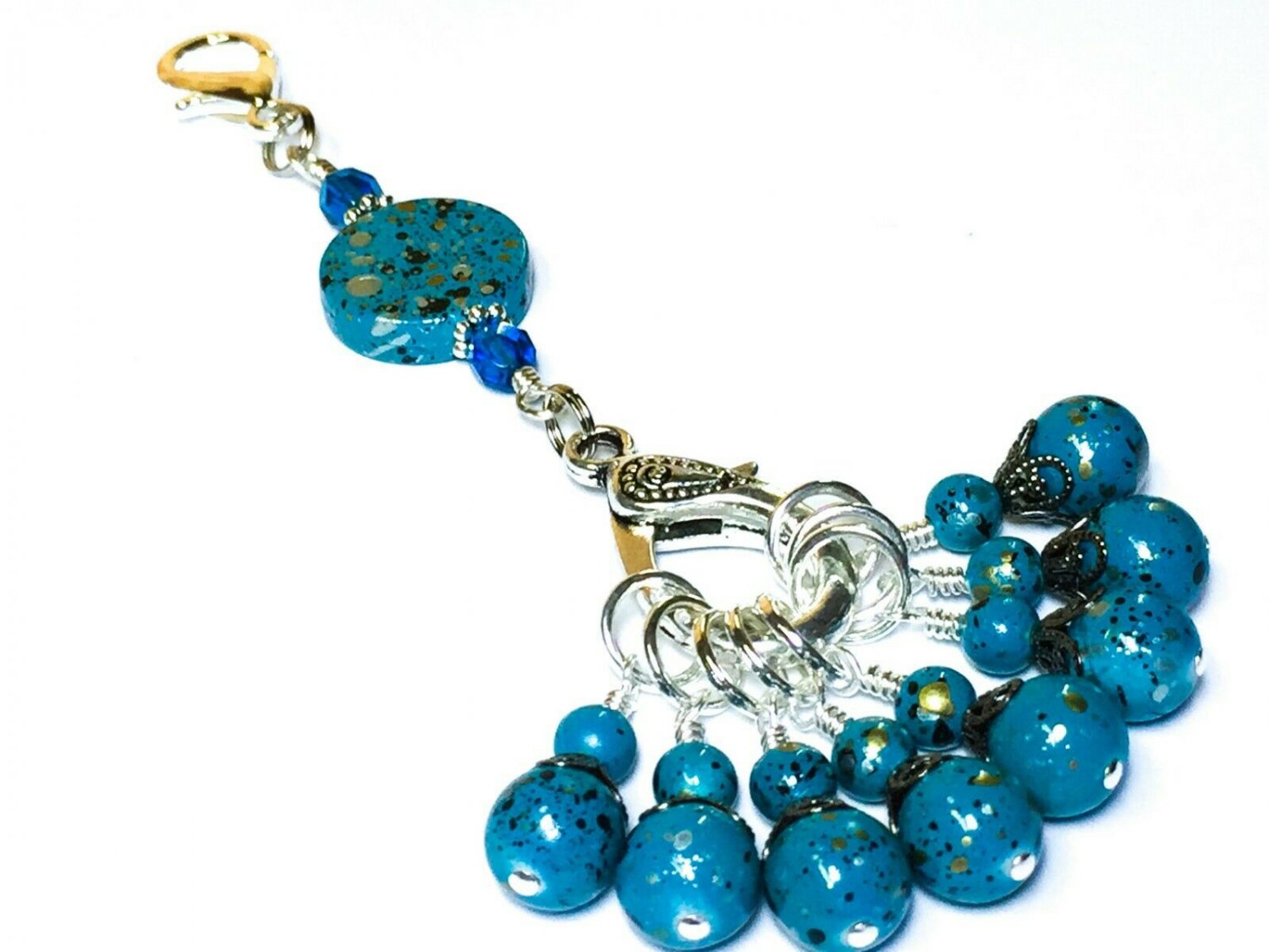 Blue Speckle Knitting Stitch Marker Set with Holder- Handmade