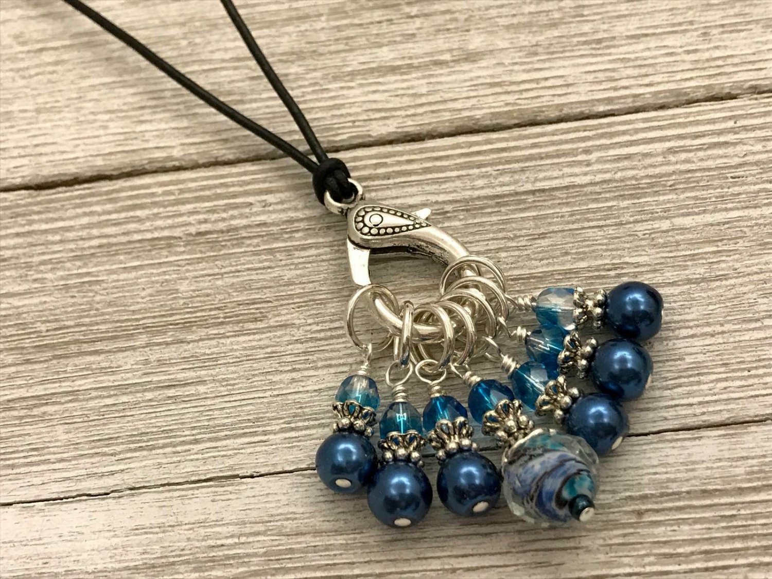 Leather Sliding Knot Stitch Marker Necklace with 7 Blue Snag Free Markers
