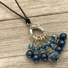 Leather Sliding Knot Stitch Marker Necklace with 7 Blue Snag Free Markers