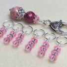 6 Pink Snag Free Stitch Markers & Matching Clip Holder- Knitting Tools