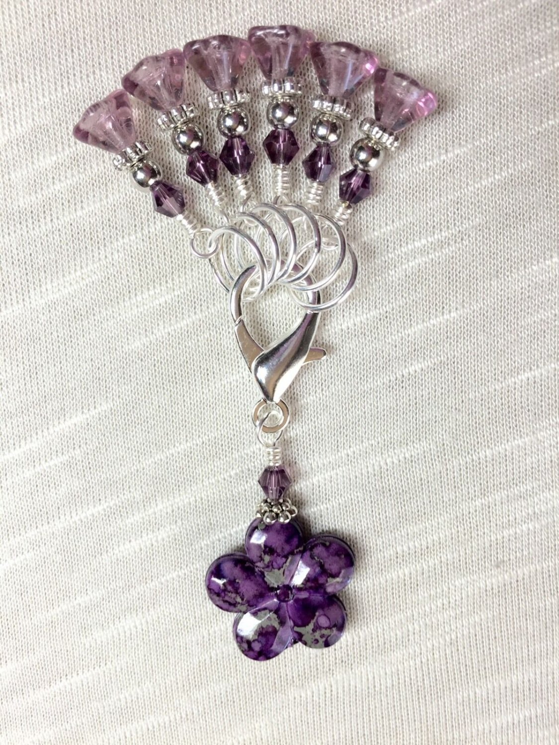 Hand Crafted Snag Free Purple Stitch Markers & Clip Holder For Knitting