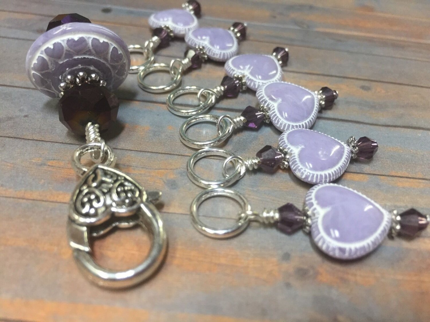 Lavender Hearts Stitch Markers & Matching Clip Holder- Snag Free Knitting Tools