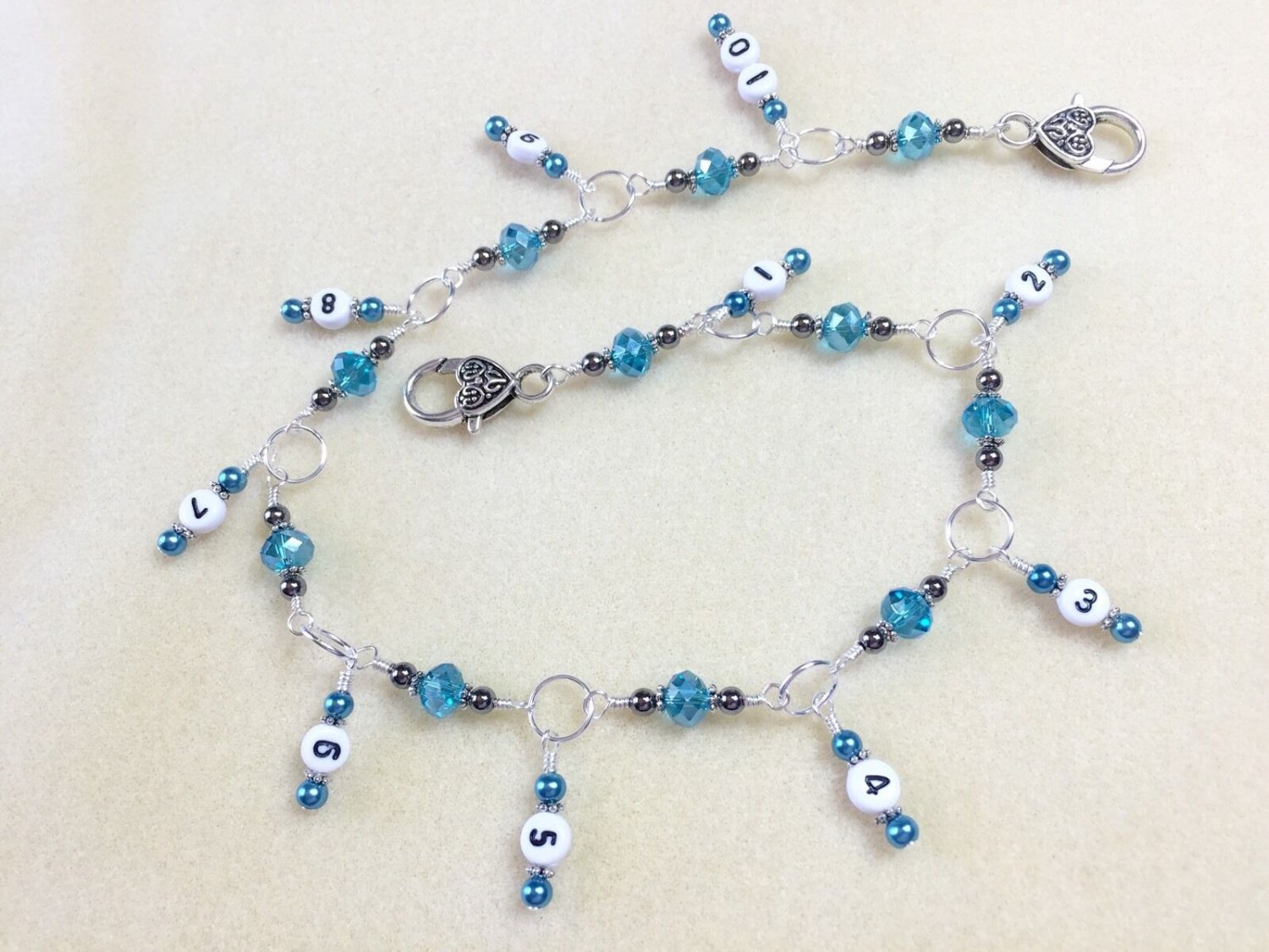 Knitting Row Counter- Aqua 1-10 Chain Style Counter- numbered stitch marker