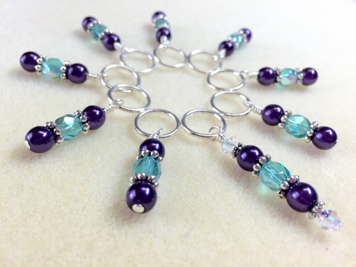 Handmade Beaded Knitting Stitch Markers (SNAG FREE)- Aqua Crystal & Plum Pearl