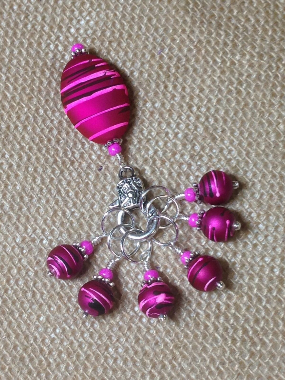 Handmade Knitting Stitch Marker Charms (SNAG FREE) with Fuchsia Stripes Holder