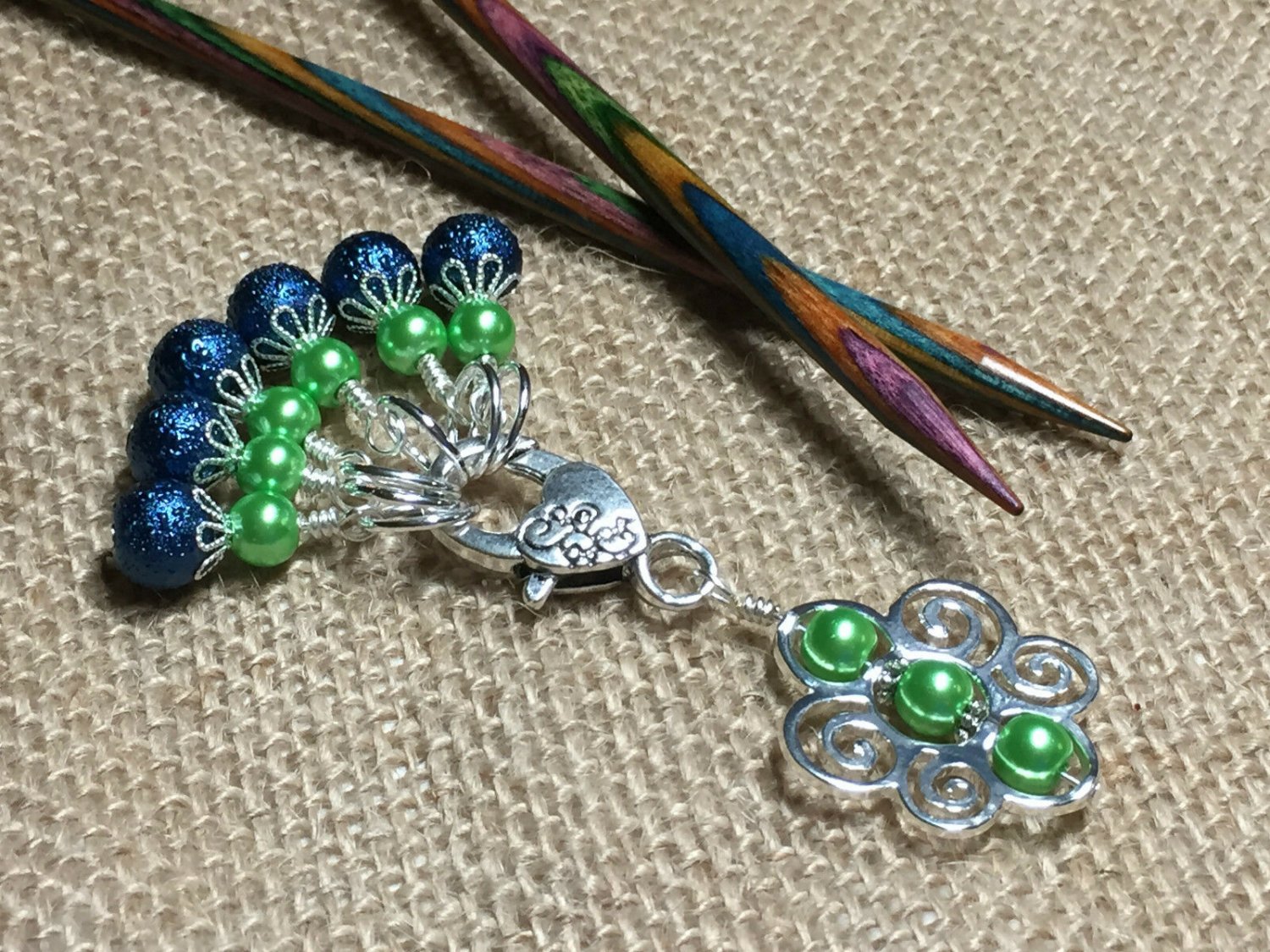 Beaded Snag Free Green & Blue Knitting Stitch Markers & Matching Clip Holder