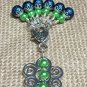 Beaded Snag Free Green & Blue Knitting Stitch Markers & Matching Clip Holder