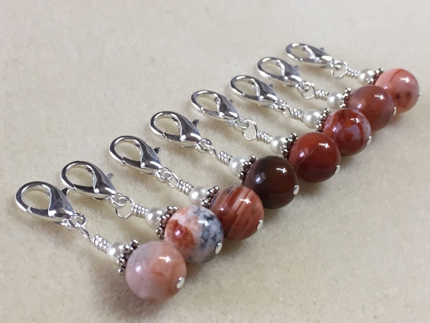 Removable Clip-On Red Agate Stitch Markers - For Knit Or Crochet