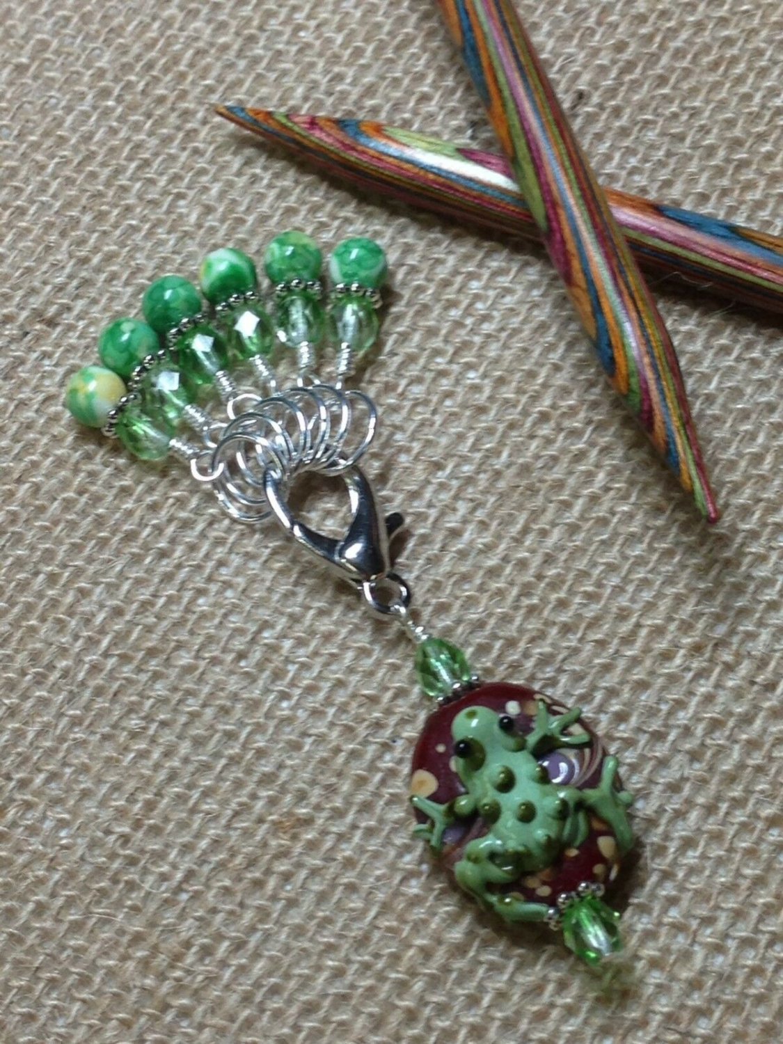 HANDMADE Knitting Stitch Markers with Frog Holder- SNAG FREE- Set of 6 markers