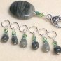 SNAG FREE Stitch Markers with Beaded Clip Holder- Green Line Jasper- Knitting