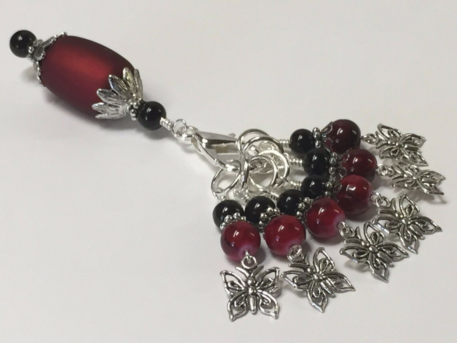 Hand Crafted Snag Free Stitch Marker Set with Clip Holder- Red Butterfly