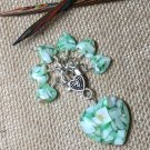 6 Snag Free Heart Stitch Markers & Green Mosaic Heart Clip Holder