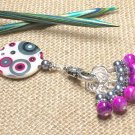 Snag Free Beaded Knitting Stitch Markers & Matching Holder- Pink & Grey Circles