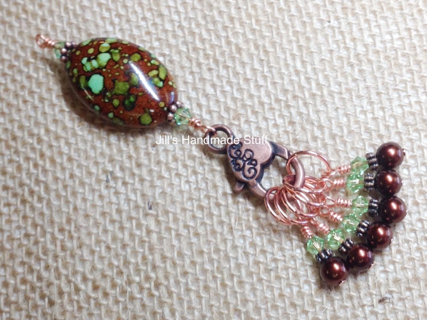 Beaded Knitting Stitch Markers (SNAG FREE) with Brown & Green Holder