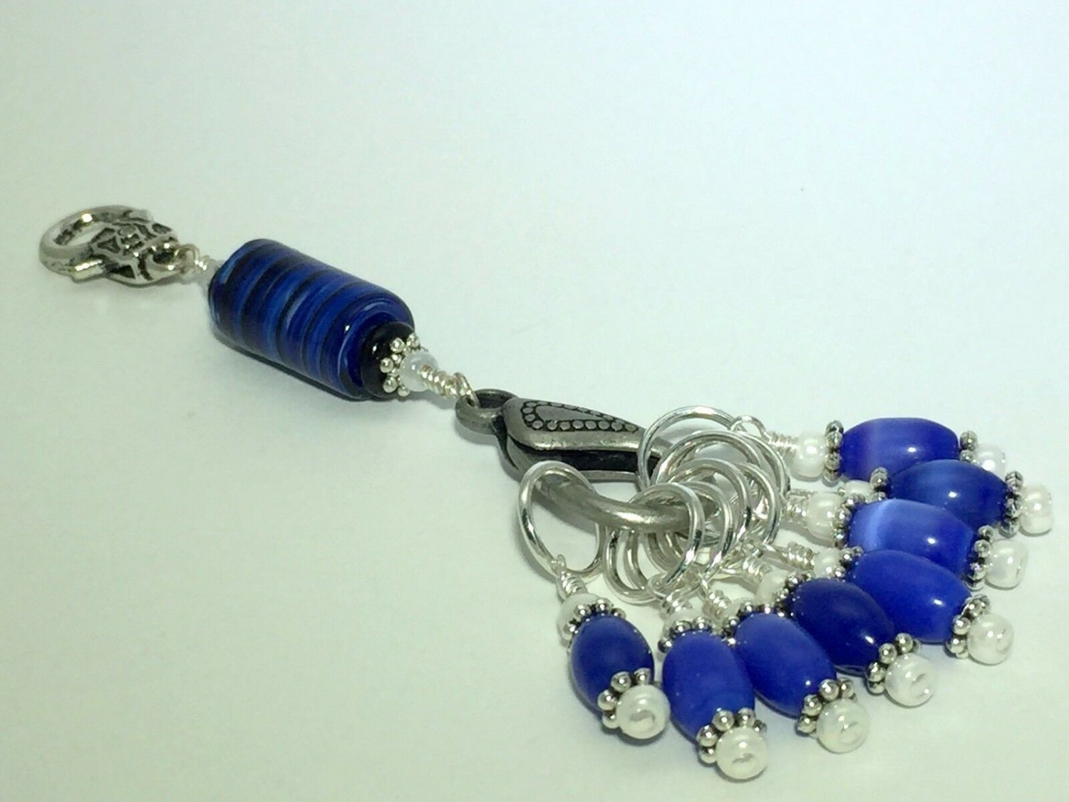 Handmade Blue Beaded Stitch Marker Set with Lanyard (SNAG FREE)