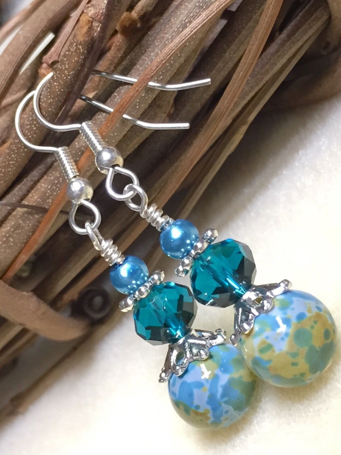 Handmade Beaded Dangle Earrings, Blue Earrings, Casual Jewelry