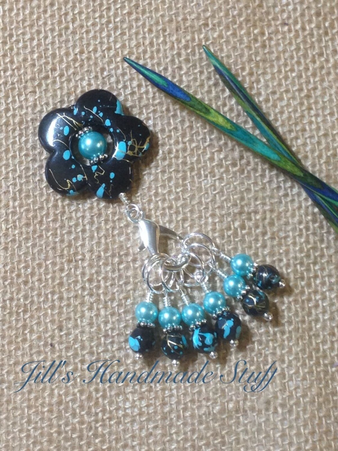 Handmade Knitting Stitch Marker Charms (SNAG FREE) - Aqua Splash Flower Holder