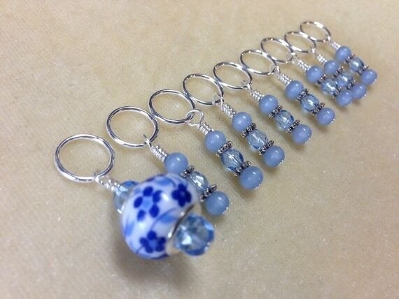 Handmade Beaded Knitting Stitch Markers (SNAG FREE)- Blue Floral