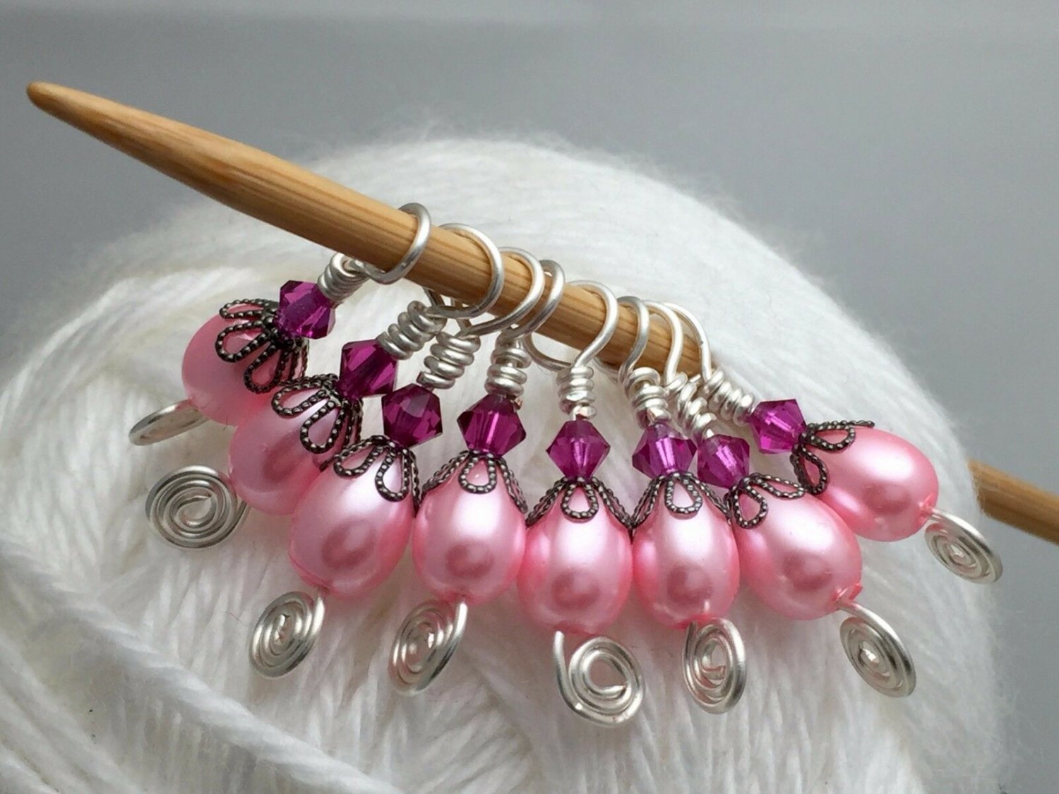 Pink Pearl Small Needle Beaded Stitch Markers (SNAG FREE)- For Sock Knitters
