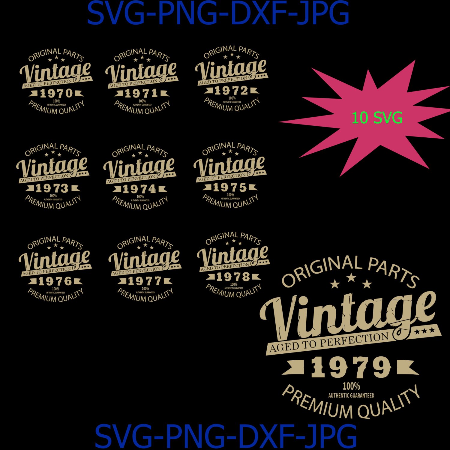 Download Vintage Birthday 1970-1979 Svg Cut File, Aged to Perfection Svg, Birthday Svg, Birthday gift svg