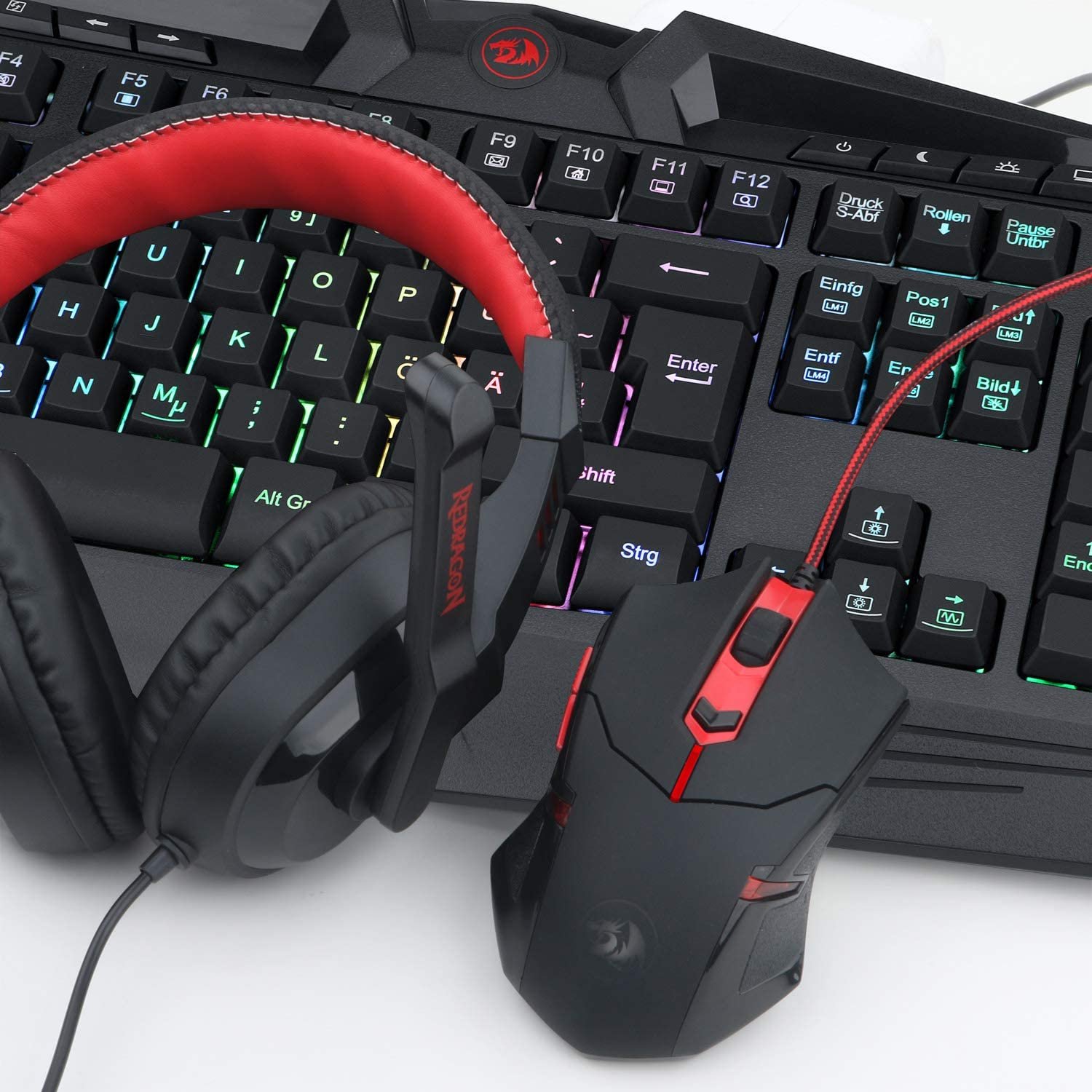 Redragon S101 Wired RGB Backlit Gaming German Keyboard, Headset Combo