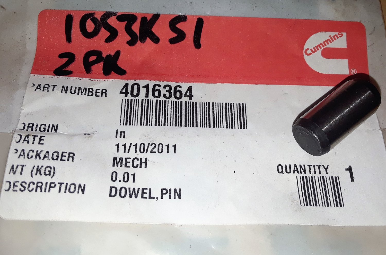 GENUINE CUMMINS OEM DOWEL PIN 4016364 2 PACK