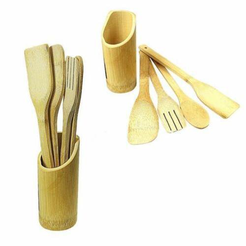5pc Wooden Bamboo Spoon Spatula Turner Mixing Kitchen Cooking Utensils Set Tool